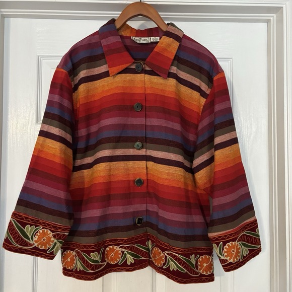 Tantrums Jackets & Blazers - VTG Tantrums Women's XL Rainbow Stripe Cotton Jacket Light Coat Embroidered Trim